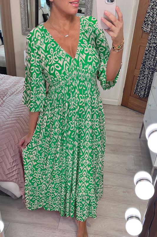 🔥Hot Sale-Free shipping for 3 pieces(10% OFF)🔥Casual print, V-neck long dress, exudes charming appeal!!