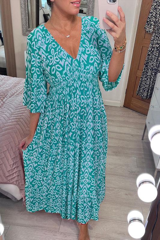 🔥Hot Sale-Free shipping for 3 pieces(10% OFF)🔥Casual print, V-neck long dress, exudes charming appeal!!