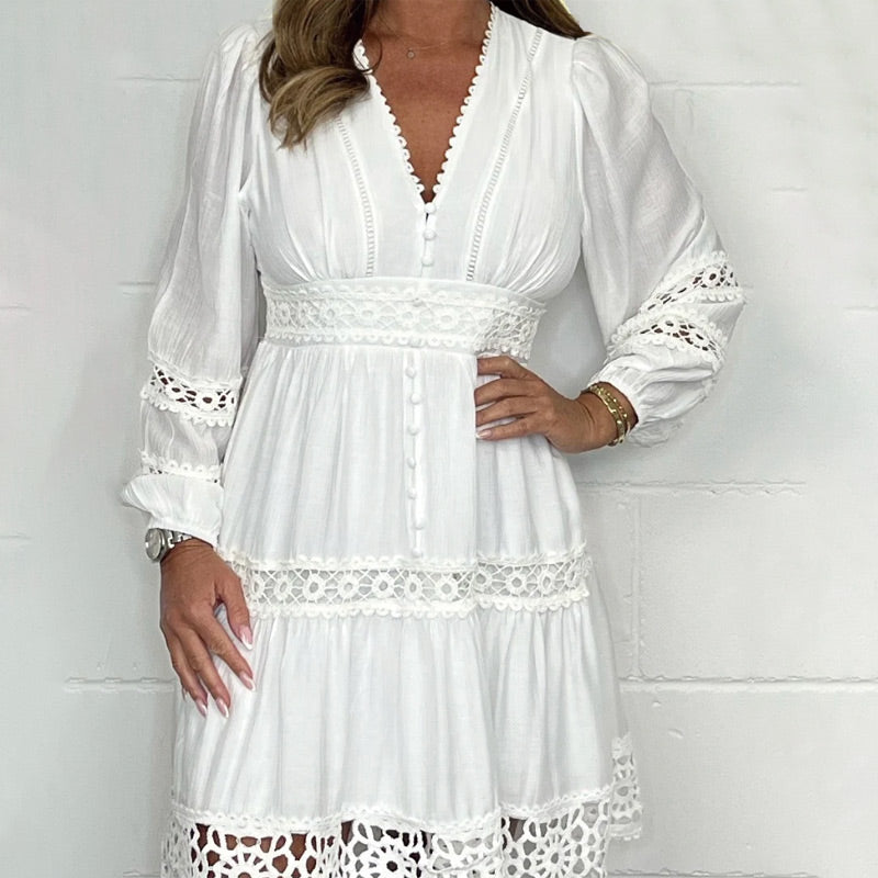 🎁Hot Sale 49% OFF⏳Women's White Vintage Hollow Out Lace V-Neck Dress