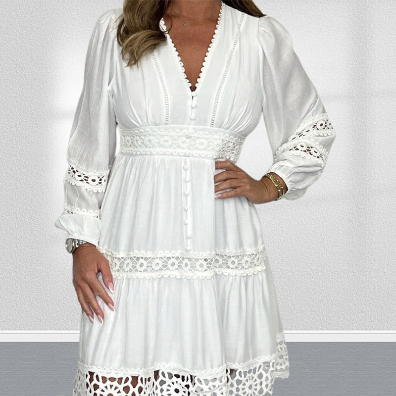 🎁Hot Sale 49% OFF⏳Women's White Vintage Hollow Out Lace V-Neck Dress