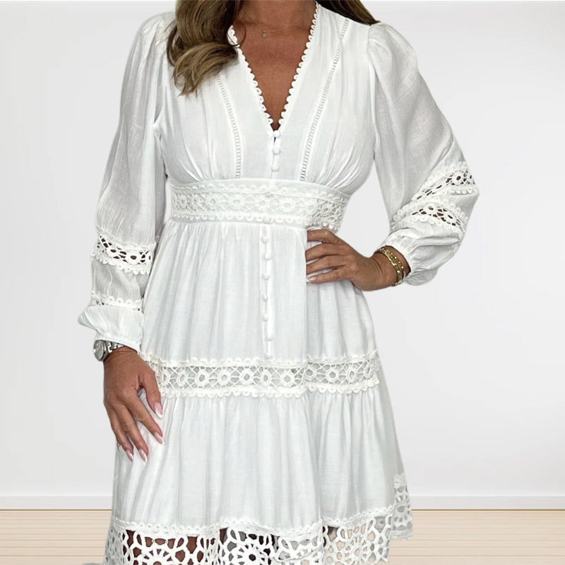 🎁Hot Sale 49% OFF⏳Women's White Vintage Hollow Out Lace V-Neck Dress