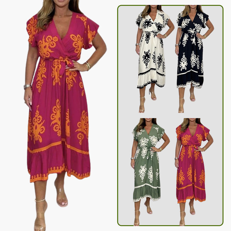 Summer Ruffle Sleeves Tie V-Neck Dress For Plus Size Girls