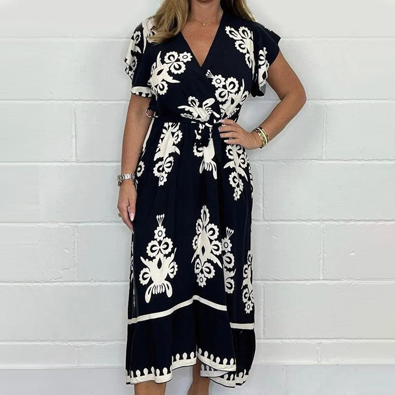 Summer Ruffle Sleeves Tie V-Neck Dress For Plus Size Girls