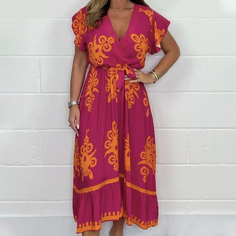 Summer Ruffle Sleeves Tie V-Neck Dress For Plus Size Girls