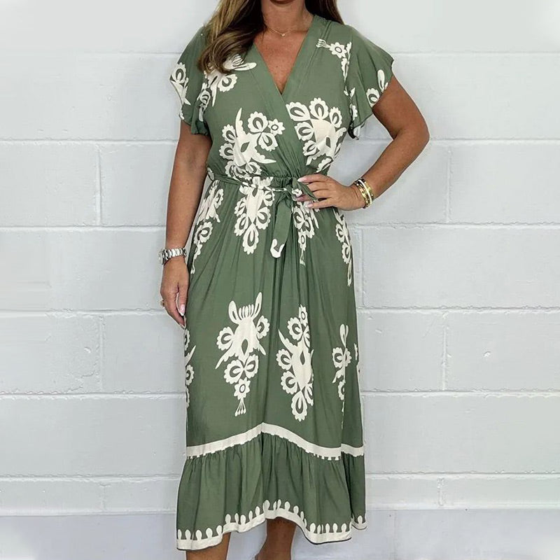Summer Ruffle Sleeves Tie V-Neck Dress For Plus Size Girls