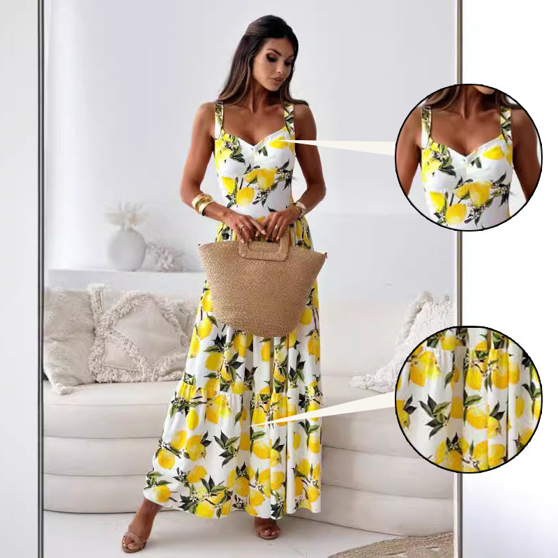 šLimited SalešWomenās Elegant Lemon Print Spaghetti Strap Flowy Long Dress