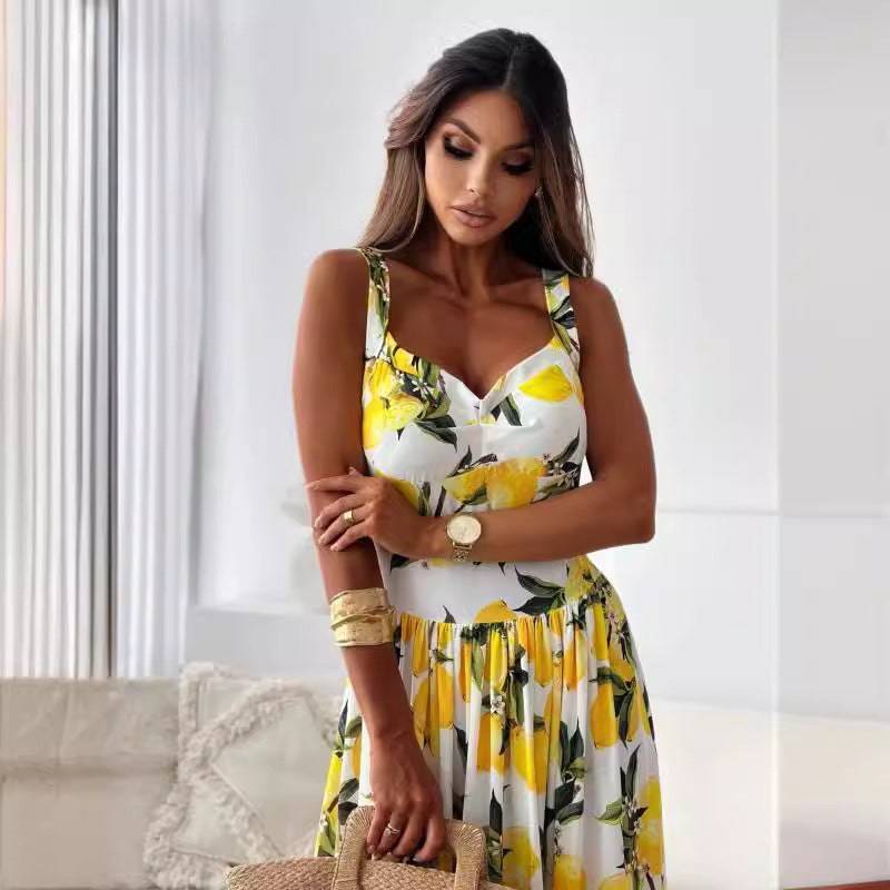 šLimited SalešWomenās Elegant Lemon Print Spaghetti Strap Flowy Long Dress