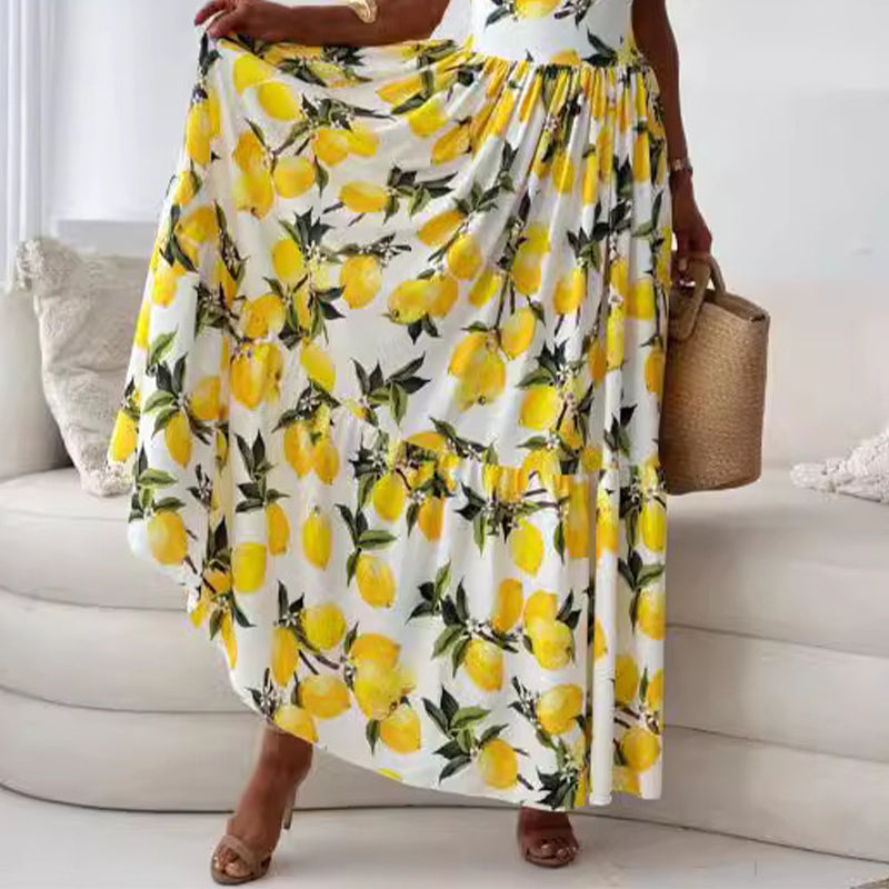 šLimited SalešWomenās Elegant Lemon Print Spaghetti Strap Flowy Long Dress