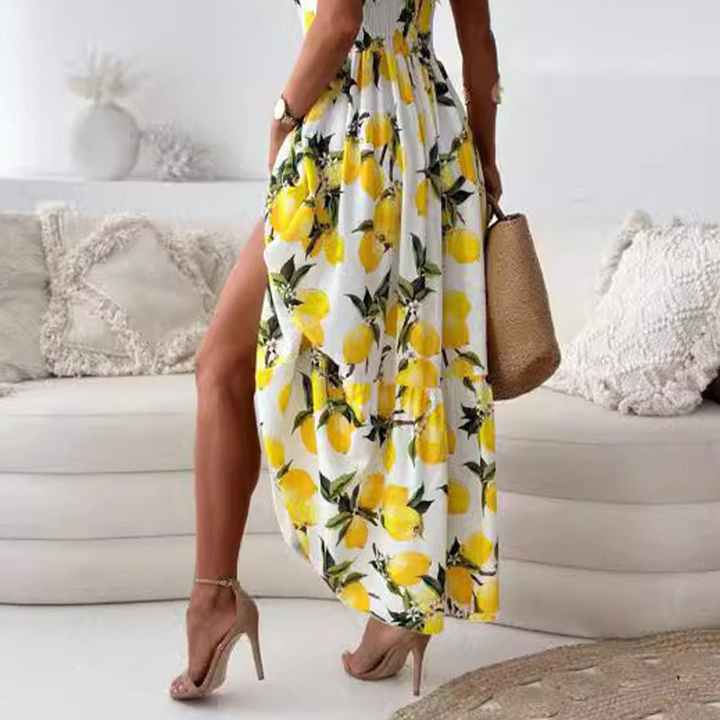 šLimited SalešWomenās Elegant Lemon Print Spaghetti Strap Flowy Long Dress