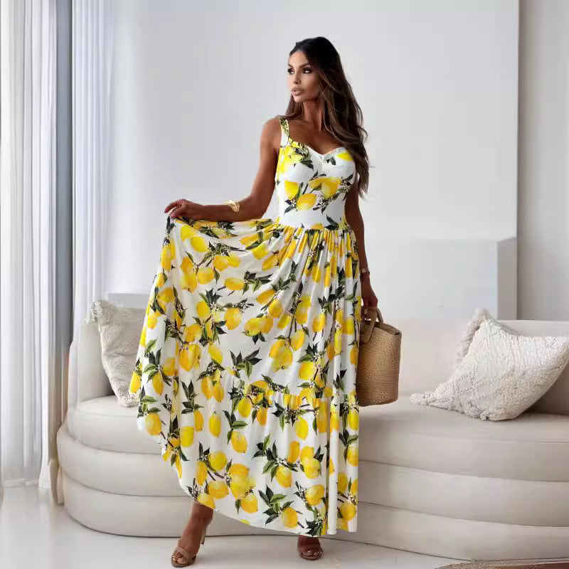 šLimited SalešWomenās Elegant Lemon Print Spaghetti Strap Flowy Long Dress