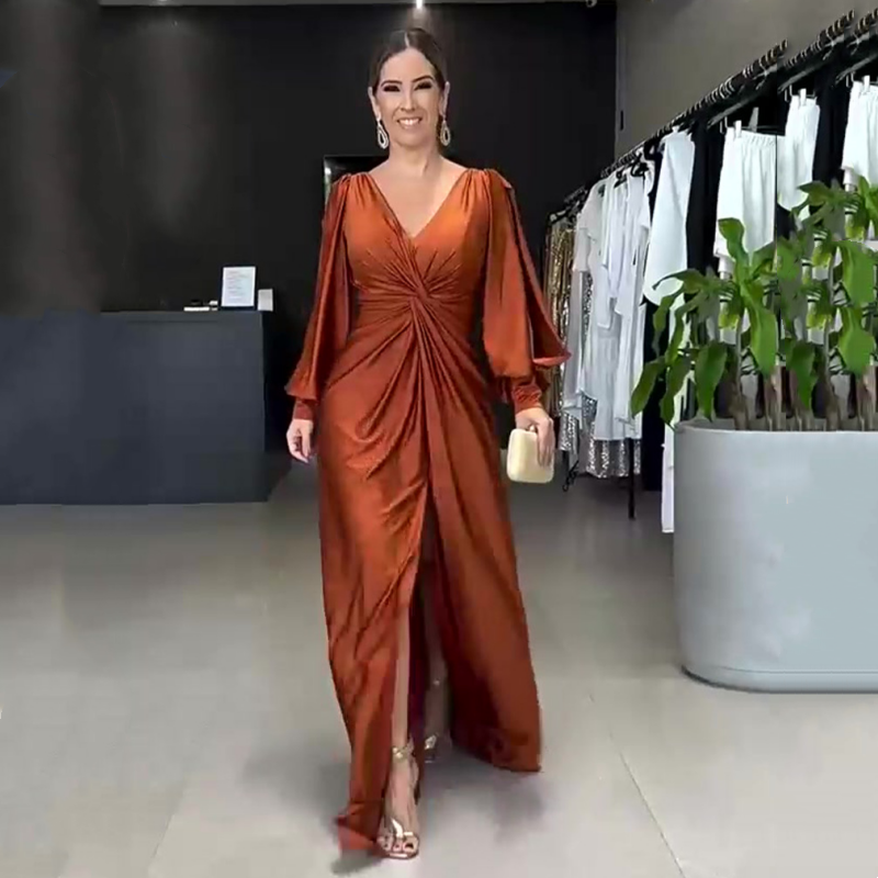 Women's Glossy Flowy Solid Color Floor-Length Dress