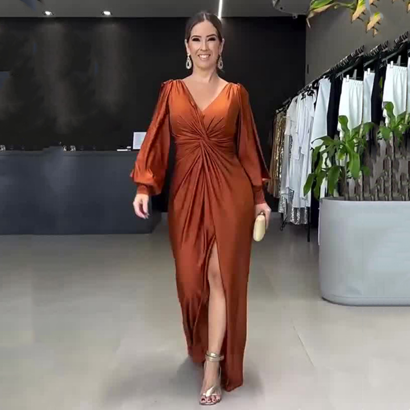 Women's Glossy Flowy Solid Color Floor-Length Dress
