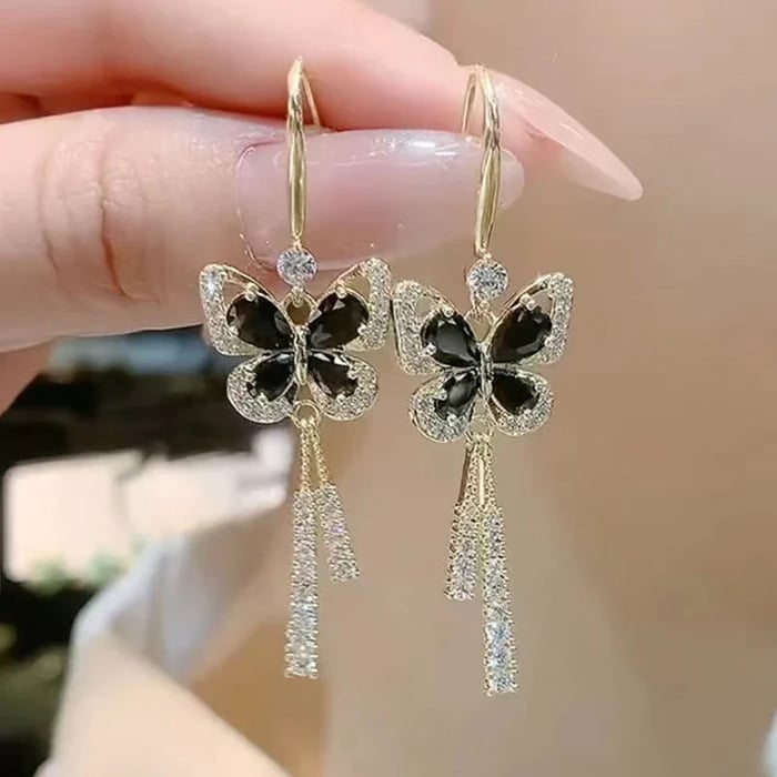 Crystal Butterfly Tassel Earrings