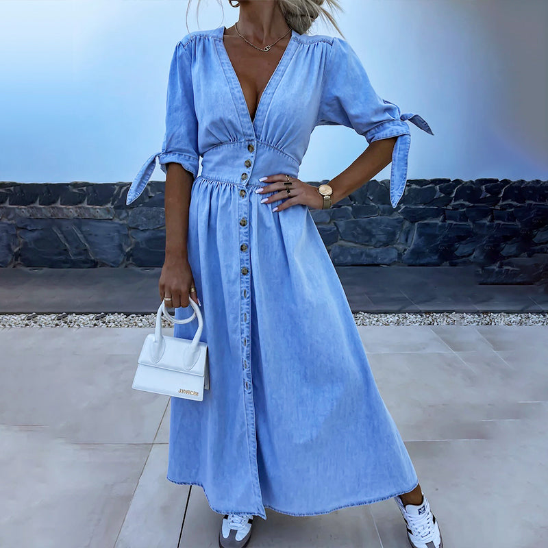 ๐ Women's V-Neck Button Down Denim Dress