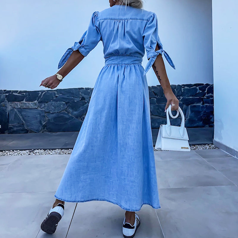 ๐ Women's V-Neck Button Down Denim Dress