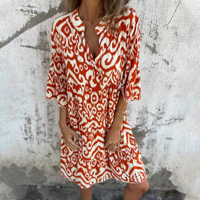 💖Limited Sale 50% OFF💖V-Neck Printed Three-Quarter Sleeve Dress