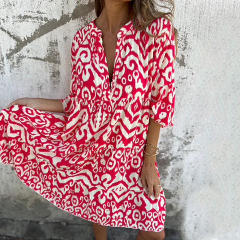 💖Limited Sale 50% OFF💖V-Neck Printed Three-Quarter Sleeve Dress