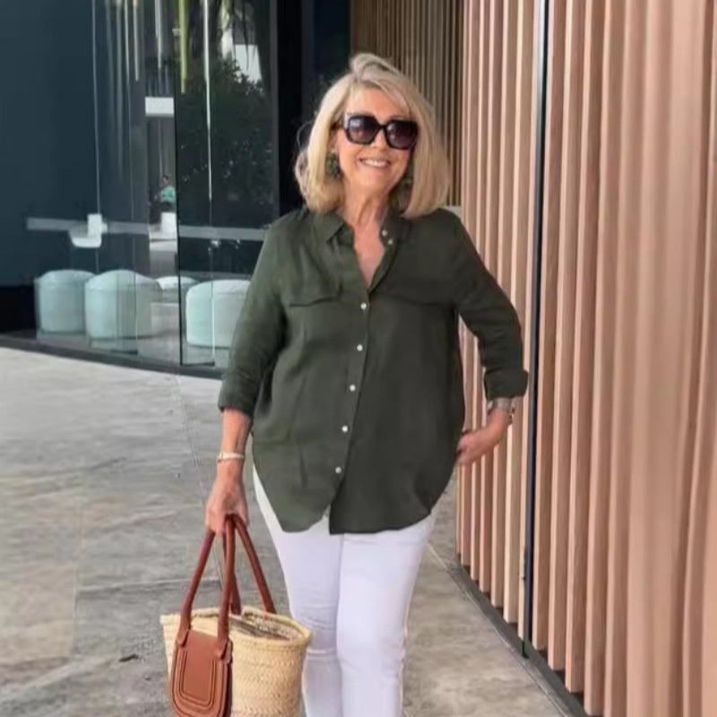 Casual, Versatile Women's Linen Button-Down Shirt with Collar