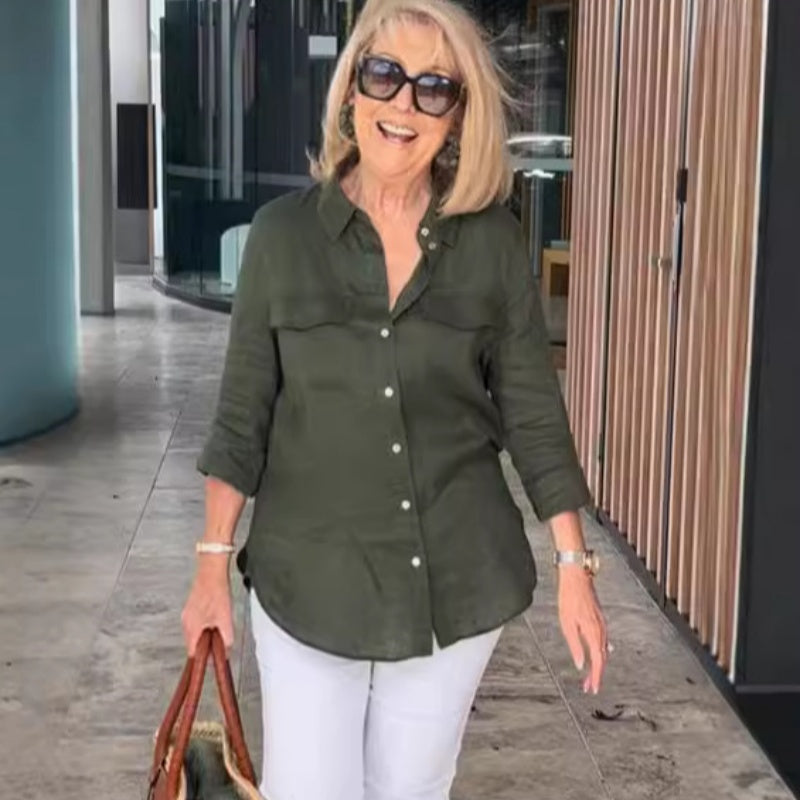 Casual, Versatile Women's Linen Button-Down Shirt with Collar