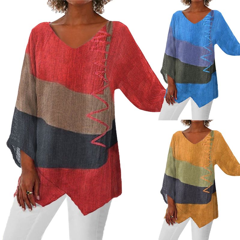 Women's Elegant Casual V-Neck Long Sleeve Artistic Pattern Print Top