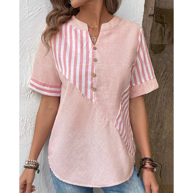 Women's Casual Oversized V-Neck Striped Top