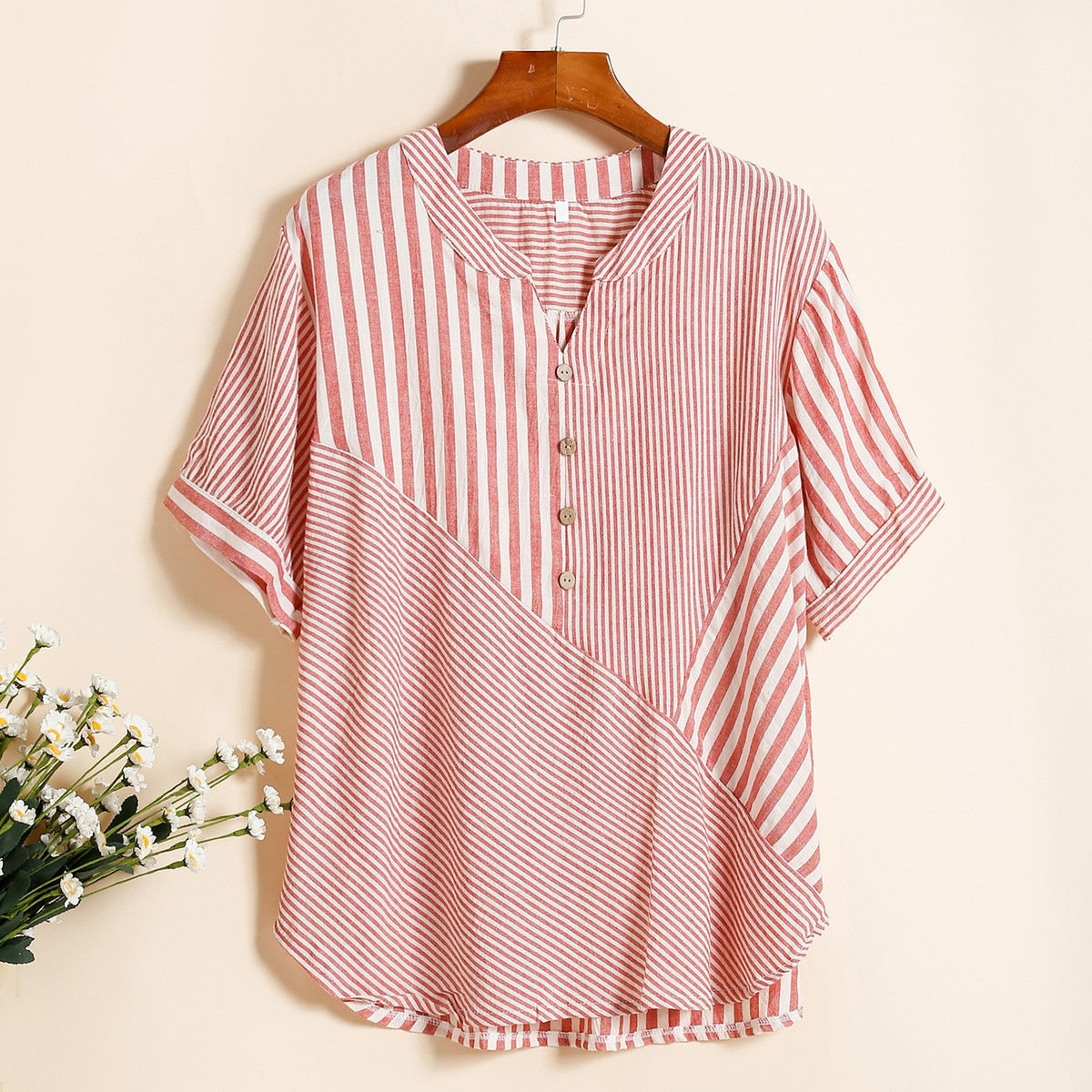 Women's Casual Oversized V-Neck Striped Top