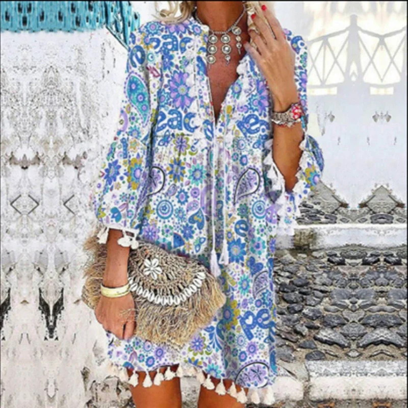 V-neck Printed Fringe Dress with 3/4 Sleeves