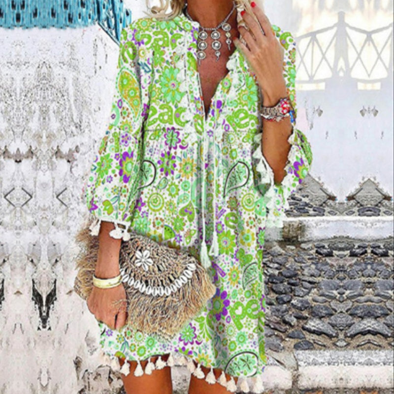 V-neck Printed Fringe Dress with 3/4 Sleeves