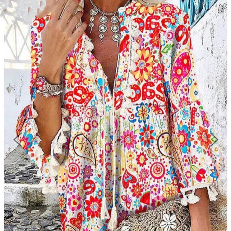 V-neck Printed Fringe Dress with 3/4 Sleeves