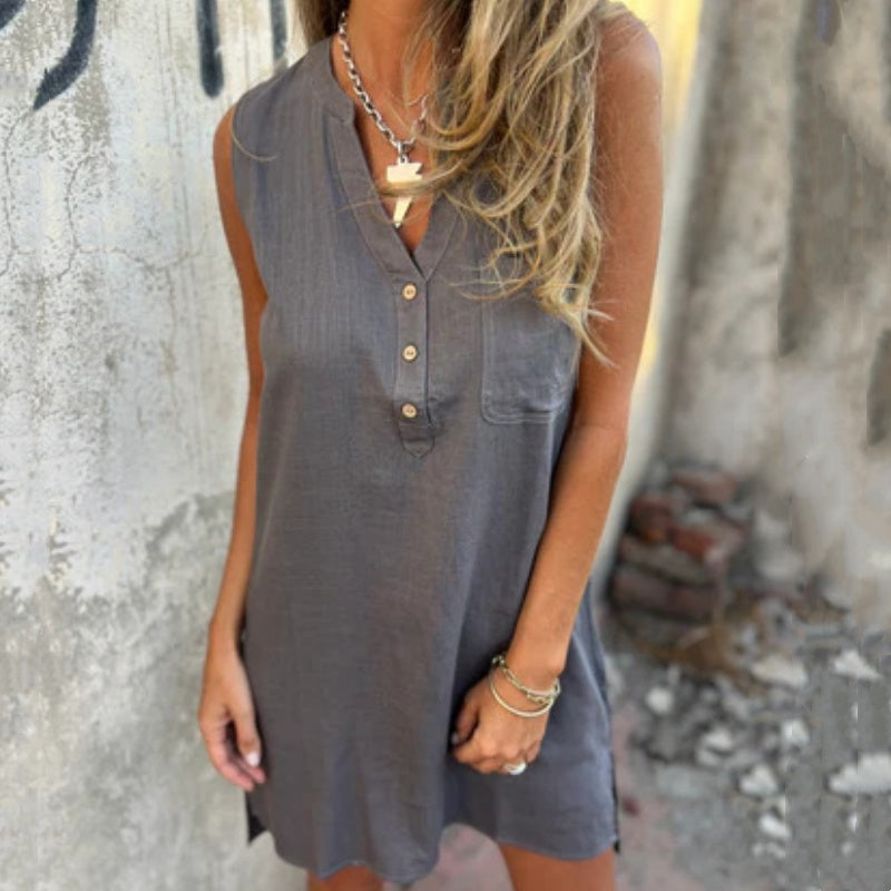🎉Last Day Promotion 50% OFF💃💖Women's Sleeveless Button Pocket V-Neck Dress