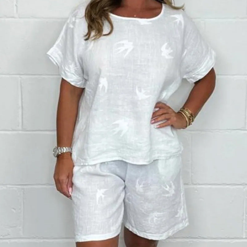 Casual Printed Cotton-Linen Short Sleeve Shorts Set