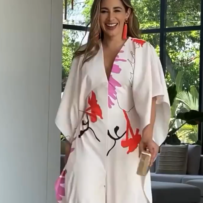 V-Neck Floral Irregular Sleeve Wide Leg Jumpsuit