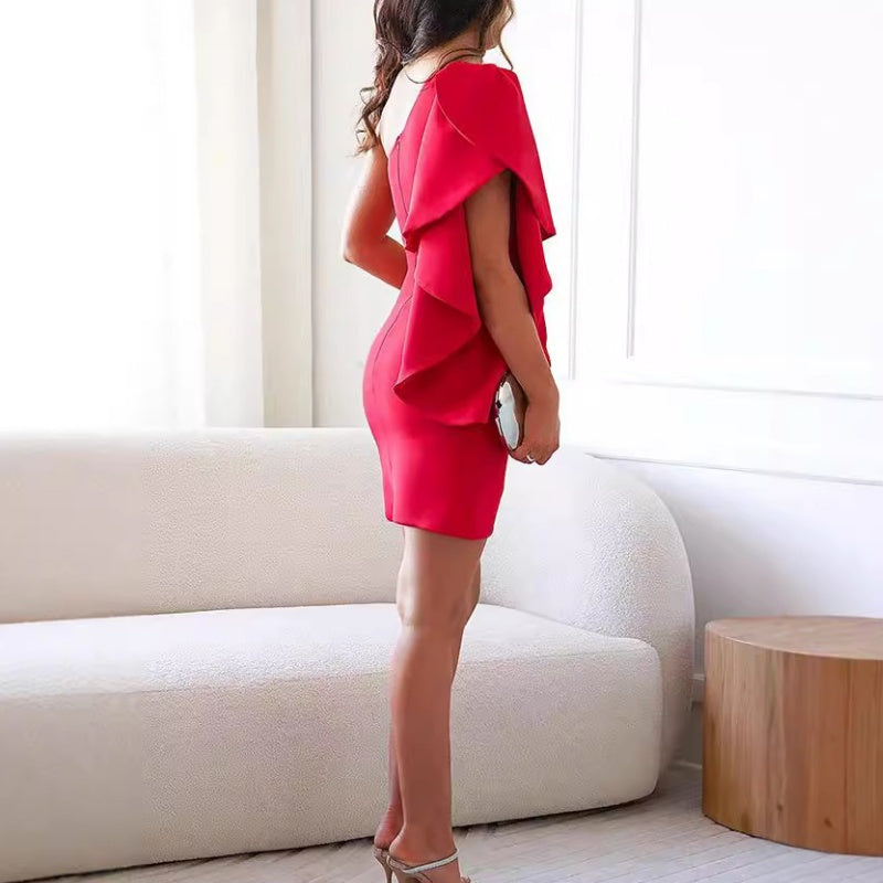 Women's One Shoulder Ruffle Sleeve Cocktail Dress