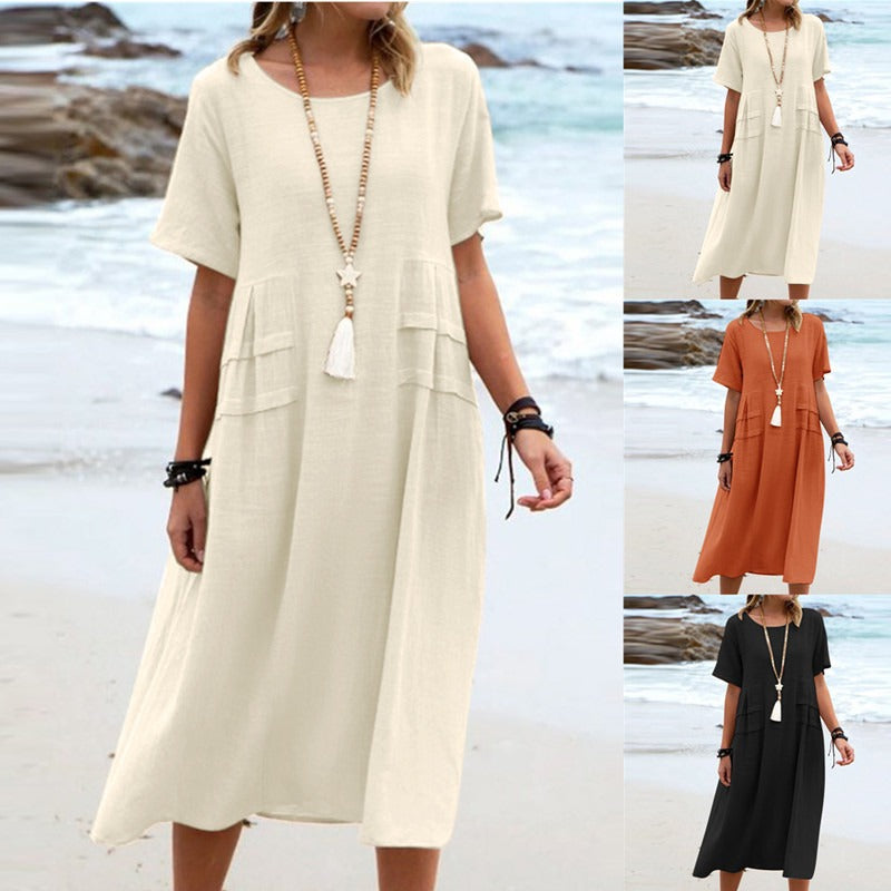 🔥Hot Sale 50% OFF💃Women's Round Neck Cotton Linen Midi Dress