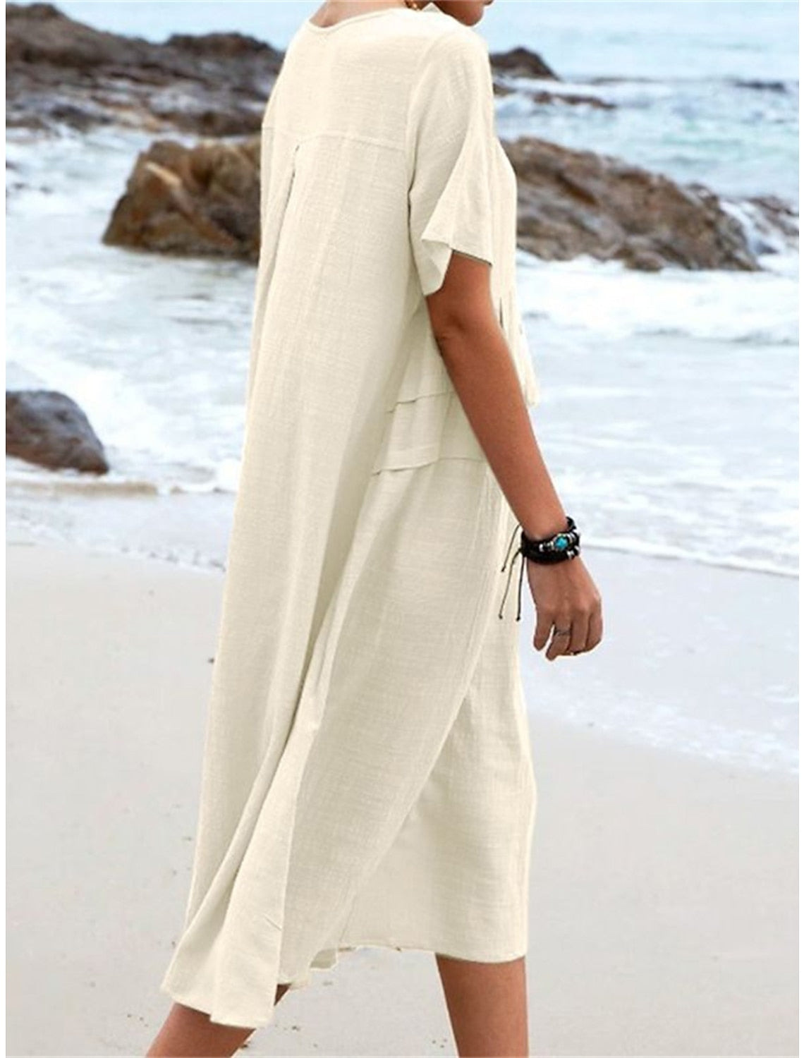 🔥Hot Sale 50% OFF💃Women's Round Neck Cotton Linen Midi Dress