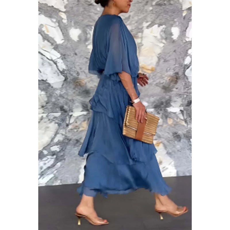 Elegant V-Neck Wrap Waist Tie Layered Dress