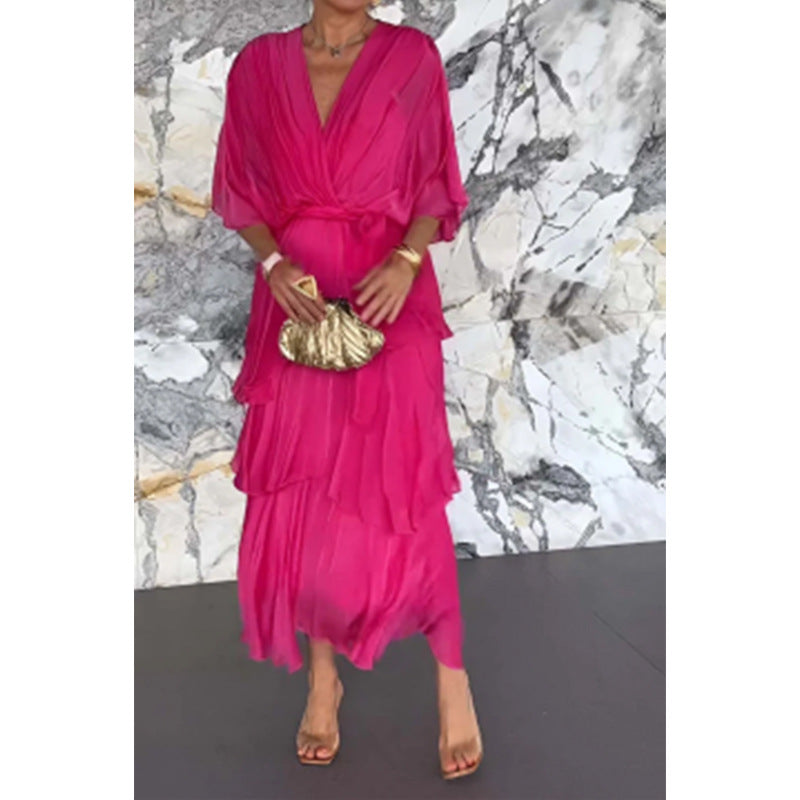 Elegant V-Neck Wrap Waist Tie Layered Dress