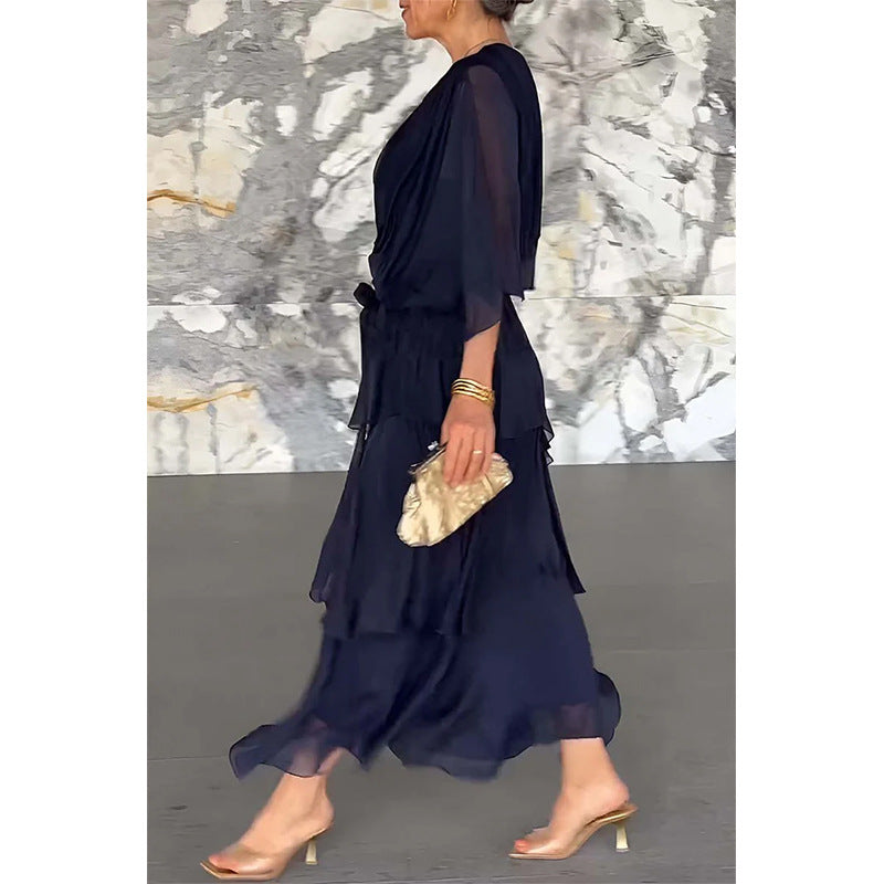 Elegant V-Neck Wrap Waist Tie Layered Dress