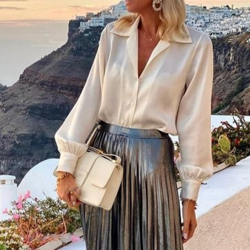 Women's White Shirt & Metallic Skirt Two-Piece Set