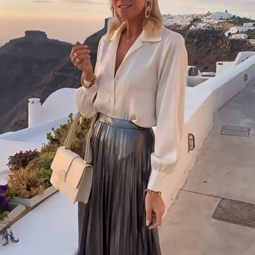Women's White Shirt & Metallic Skirt Two-Piece Set