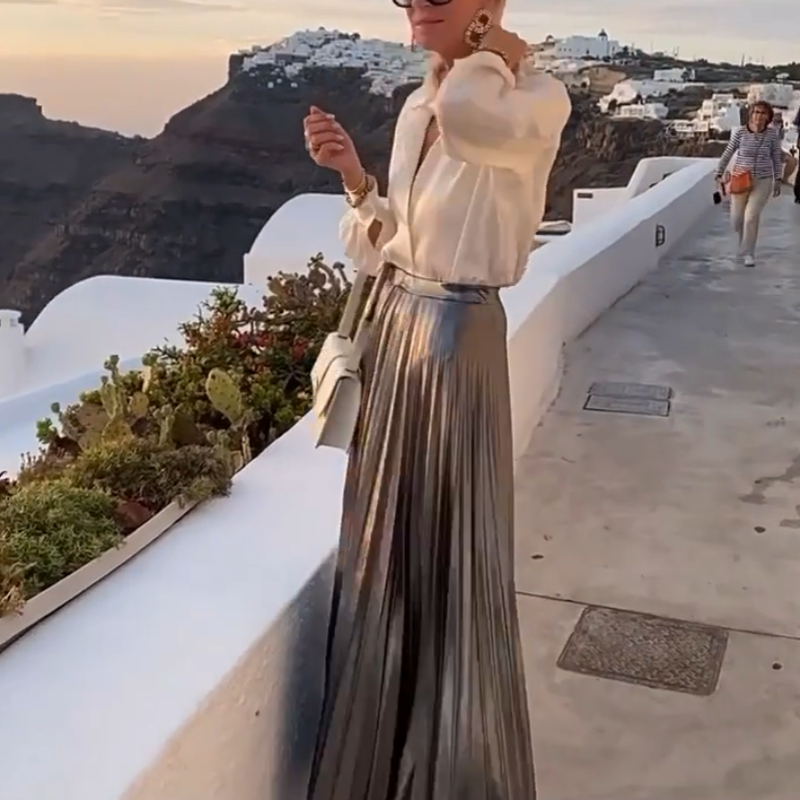 Women's White Shirt & Metallic Skirt Two-Piece Set