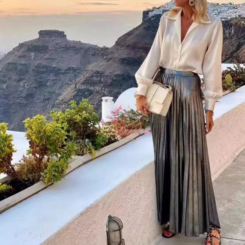 Women's White Shirt & Metallic Skirt Two-Piece Set