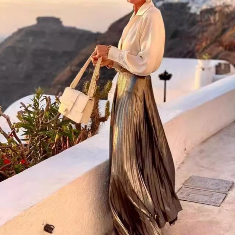 Women's White Shirt & Metallic Skirt Two-Piece Set