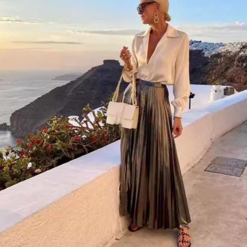 Women's White Shirt & Metallic Skirt Two-Piece Set
