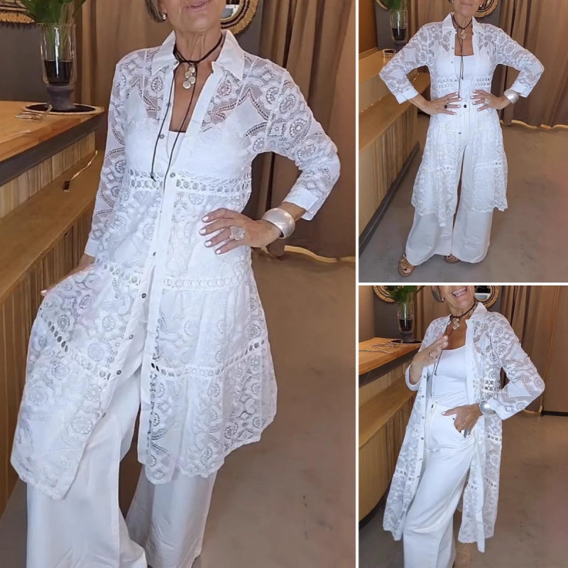 Women's Fashion Lapel Lace Long Shirt