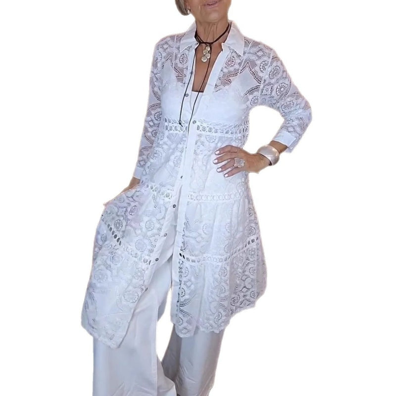 Women's Fashion Lapel Lace Long Shirt