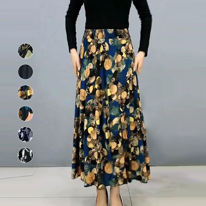 Women's Fashion High Waist Floral Pleated Long Skirt