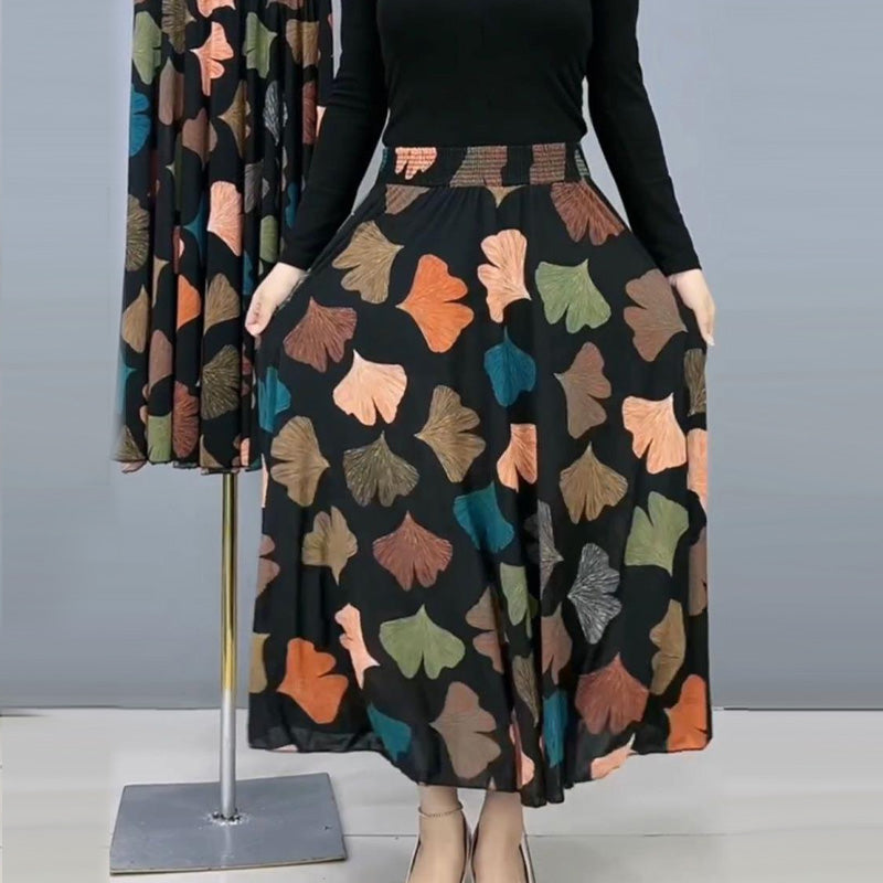 Women's Fashion High Waist Floral Pleated Long Skirt