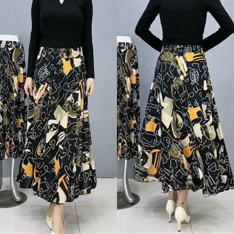 Women's Fashion High Waist Floral Pleated Long Skirt