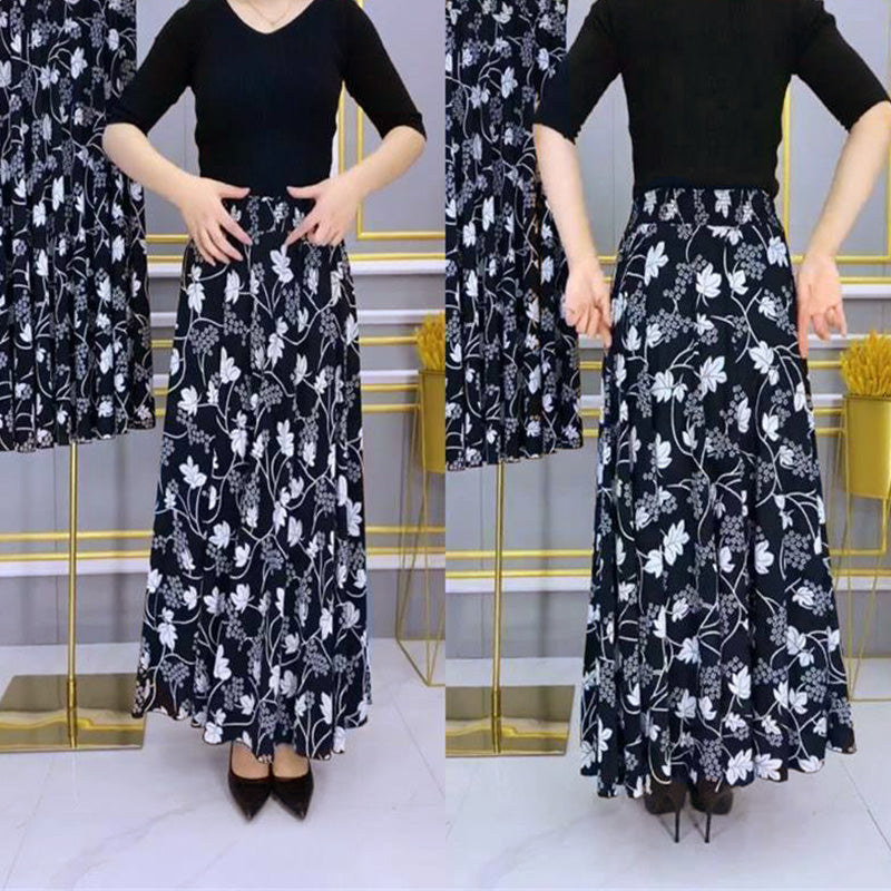 Women's Fashion High Waist Floral Pleated Long Skirt